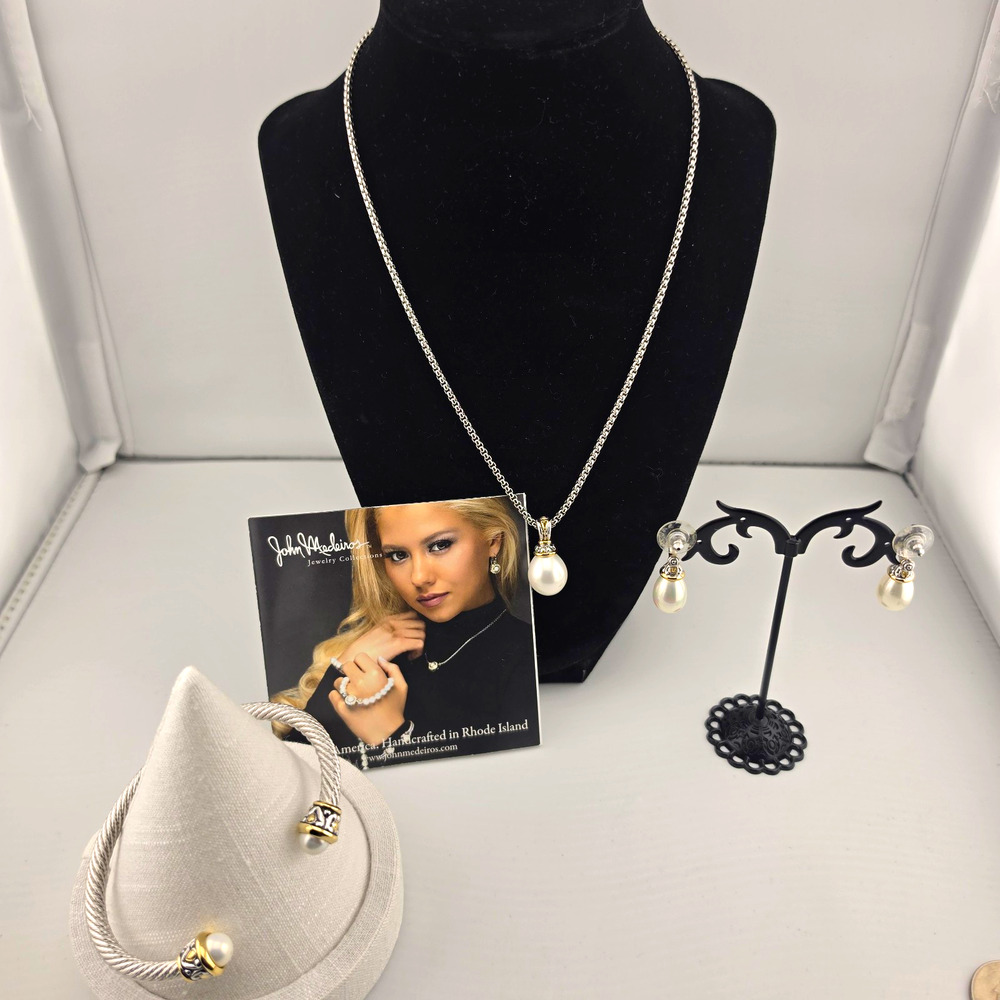 John Medeiros Silver Tone White Drop Pearl Necklace Earrings Bracelet Set